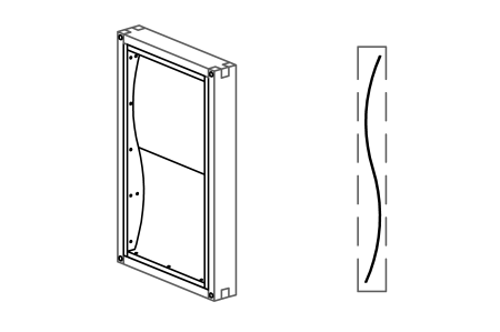 Distorted mirror, 2 transverse curvatures (“long” / “short” &amp; “short” / “long”), for wall mounting